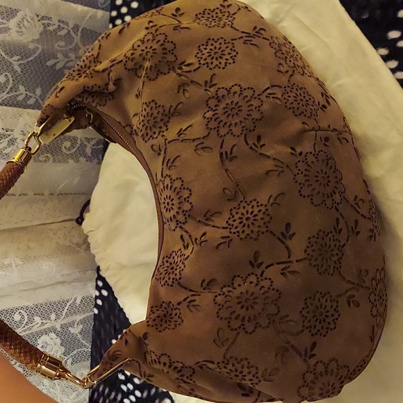 COLE HAAN Suede Laser Etched Floral Motif Hobo Bag w/ Leather Braided Strap - Picture 8 of 13